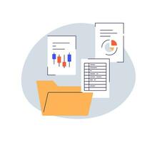 File folder with paper documents icon and business archive, files, work papers, paperwork, data report, project, accounting data, business docs flat design style minimal vector illustration.