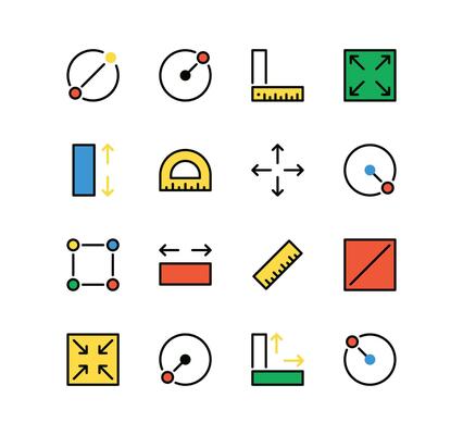 Set of measure related icons, resize, radius, depth, area, diameter and linear variety vectors.