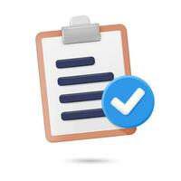 3D clipboard icon with checklist and check mark. Vector illustration. Approved document icon.