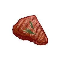 Organic food. Hand drawn colored vector sketch of grilled beef steak, piece of meat. Vintage illustration. Decorations for the menu. Engraved image.