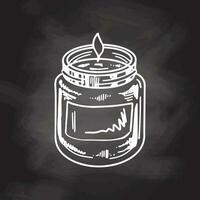 Hand-drawn doodle wax candle in a glass jar-candlestick on chalkboard background. Beauty cosmetic element, self care. Sketch style. vector