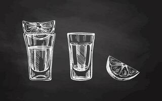 Hand-drawn shot glasses with tequila with a slices of lime. Design element set for menu of bars and restaurants. Vector sketches in engraving style on chalkboard background. Latin America.