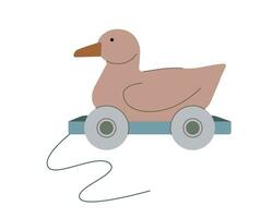 Baby ride toy, wooden duck on cart. Retro toy isolated on white background vector