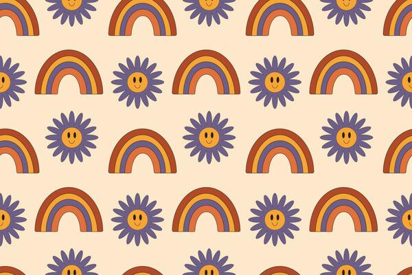 Seamless groovy pattern. Flower and rainbow on a beige background. Retro pattern in 70s style for wallpaper, clothes, cards, backgrounds, cases, paper