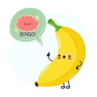 Banana with speech bubble and brain character. Vector hand drawn cartoon kawaii character illustration. Isolated white background. Banana poster and brain