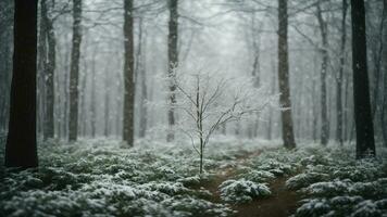 AI generated Whispering winds in the winter forest Craft an image that conveys the hushed atmosphere of a snowy woodland, with a slight breeze causing delicate snowflakes to dance in the air photo