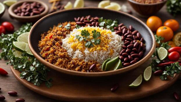 AI generated Create a visually pleasing arrangement of Rajma Rice with complementary side dishes. photo