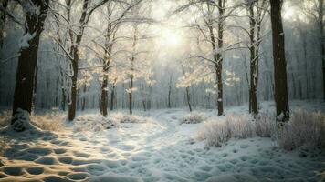 ai generado sumergirse tú mismo en un mágico invierno mundo maravilloso escena un bosque transformado dentro un cuento de hadas tierra con cubierto de nieve ramas y un toque de suave luz de sol filtración a través de. foto