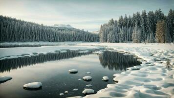 AI generated Explore the serenity of winter Showcase a tranquil scene of a frozen lake surrounded by snow laden pine trees, emphasizing the stillness and beauty of the winter landscape. photo