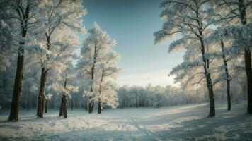 ai generado capturar el esencia de un invierno mundo maravilloso marco un prístino cubierto de nieve bosque con cada árbol adornado en brillante escarcha, creando un mágico ambiente ese transportes foto