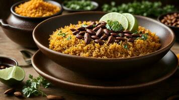 AI generated Feature a bowl of Rajma Rice surrounded by vibrant Indian spices. photo