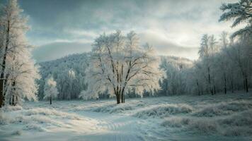 ai generado capturar el esencia de un invierno mundo maravilloso marco un prístino cubierto de nieve bosque con cada árbol adornado en brillante escarcha, creando un mágico ambiente ese transportes foto