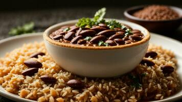 AI generated Create a visually pleasing arrangement of Rajma Rice with complementary side dishes. photo