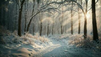 ai generado sumergirse tú mismo en un mágico invierno mundo maravilloso escena un bosque transformado dentro un cuento de hadas tierra con cubierto de nieve ramas y un toque de suave luz de sol filtración a través de. foto