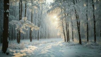 ai generado capturar el encantamiento de un invierno mundo maravilloso marco un prístino bosque cubierto en nieve con brillante carámbanos, enfatizando el intacto belleza de naturaleza foto