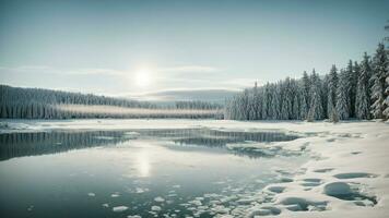 AI generated Explore the serenity of winter Showcase a tranquil scene of a frozen lake surrounded by snow laden pine trees, emphasizing the stillness and beauty of the winter landscape. photo