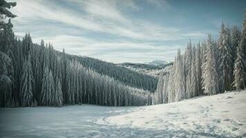 ai generado explorar el serenidad de invierno con un asombroso bosque fondo, exhibiendo nevado arboles y un suave paleta de frio blues y ropa blanca. foto