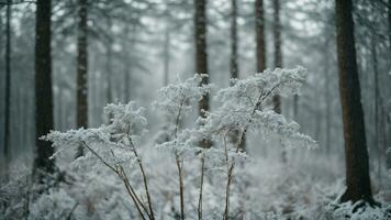 AI generated Whispering winds in the winter forest Craft an image that conveys the hushed atmosphere of a snowy woodland, with a slight breeze causing delicate snowflakes to dance in the air photo