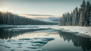 AI generated Explore the serenity of winter Showcase a tranquil scene of a frozen lake surrounded by snow laden pine trees, emphasizing the stillness and beauty of the winter landscape. photo