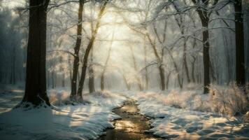 ai generado sumergirse tú mismo en un mágico invierno mundo maravilloso escena un bosque transformado dentro un cuento de hadas tierra con cubierto de nieve ramas y un toque de suave luz de sol filtración a través de. foto