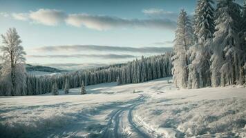 ai generado explorar el serenidad de invierno con un asombroso bosque fondo, exhibiendo nevado arboles y un suave paleta de frio blues y ropa blanca. foto