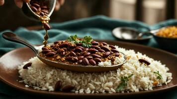 AI generated Create a visually pleasing arrangement of Rajma Rice with complementary side dishes. photo