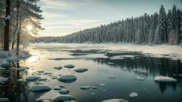 AI generated Explore the serenity of winter Showcase a tranquil scene of a frozen lake surrounded by snow laden pine trees, emphasizing the stillness and beauty of the winter landscape. photo