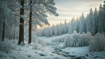 ai generado capturar el esencia de un invierno mundo maravilloso marco un prístino cubierto de nieve bosque con cada árbol adornado en brillante escarcha, creando un mágico ambiente ese transportes foto