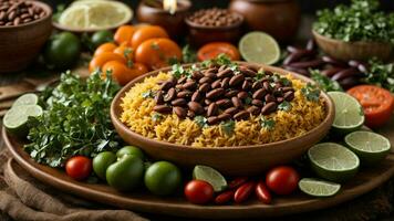 AI generated Create a visually pleasing arrangement of Rajma Rice with complementary side dishes. photo