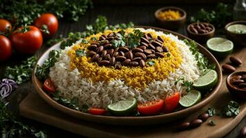 ai generado crear un visualmente agradable arreglo de rajma arroz con complementario lado platos. foto