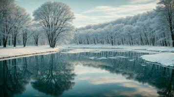 AI generated Winter's reflection Present a mirror-like reflection of snow-covered trees on the glassy surface of a frozen lake, creating a visually striking and symmetrical composition. photo