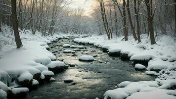 AI generated Frozen creek meandering through the woods Showcase the beauty of a partially frozen creek winding its way through a forest, capturing the delicate balance between motion and stillness photo