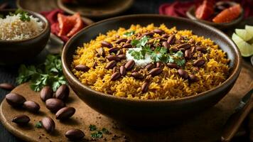 AI generated Feature a bowl of Rajma Rice surrounded by vibrant Indian spices. photo