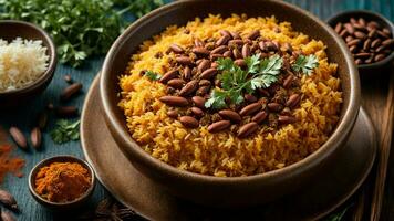 ai generado característica un cuenco de rajma arroz rodeado por vibrante indio especias foto