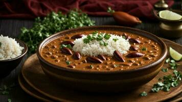 AI generated Highlight the rich and creamy texture of your Rajma gravy paired with fluffy rice. photo