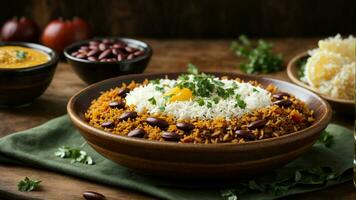 AI generated Showcase the beautiful symmetry of a well-arranged Rajma Rice plate. photo