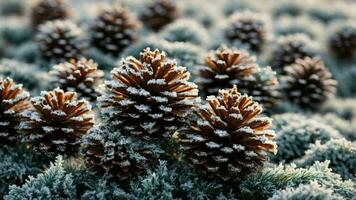 AI generated Examine the unique frost patterns on individual pinecones, elucidating the specific conditions required for such intricate formations. photo