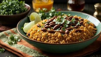 AI generated Display a well-plated serving of Rajma Rice with a garnish of fresh cilantro. photo