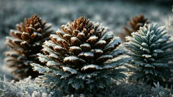 AI generated Examine the unique frost patterns on individual pinecones, elucidating the specific conditions required for such intricate formations. photo