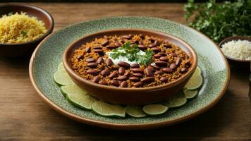 AI generated Showcase the beautiful symmetry of a well-arranged Rajma Rice plate. photo