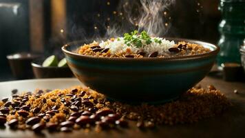 AI generated Capture the steam rising from a freshly cooked bowl of Rajma Rice. photo