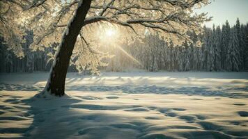 ai generado representar el sutil jugar de ligero y sombra en un Nevado paisaje, destacando el detallado texturas de árbol ramas en invierno. foto