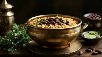 AI generated Display your Rajma Rice in a traditional copper or brass serving vessel. photo