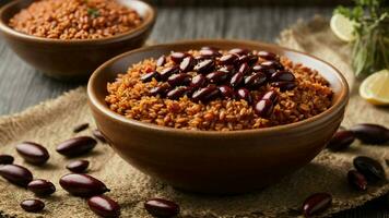 AI generated Feature a close-up shot of the red kidney beans in your Rajma Rice dish. photo