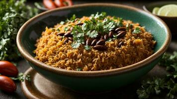 AI generated Display a well-plated serving of Rajma Rice with a garnish of fresh cilantro. photo