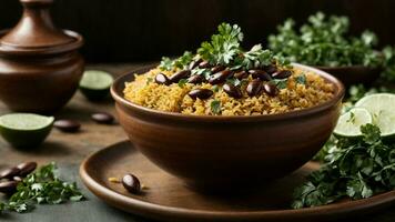 AI generated Display a well-plated serving of Rajma Rice with a garnish of fresh cilantro. photo