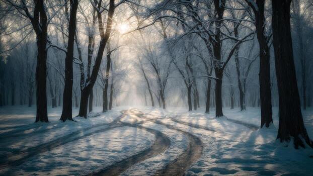 AI generated Depict the magical atmosphere created by moonlight filtering through the branches of winter trees, casting long shadows on the snow-covered ground and illuminating the frost photo