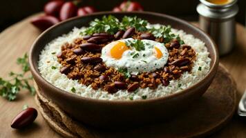 AI generated Present a festive version of Rajma Rice with colorful toppings and sides. photo