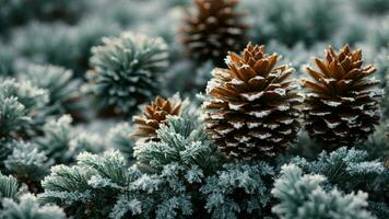 AI generated Examine the unique frost patterns on individual pinecones, elucidating the specific conditions required for such intricate formations. photo