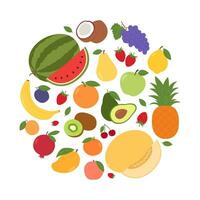 conjunto de diferente frutas y bayas en circulo forma. natural tropical frutas orgánico, vegetariano alimento. sano comiendo. vector plano ilustración aislado en blanco antecedentes